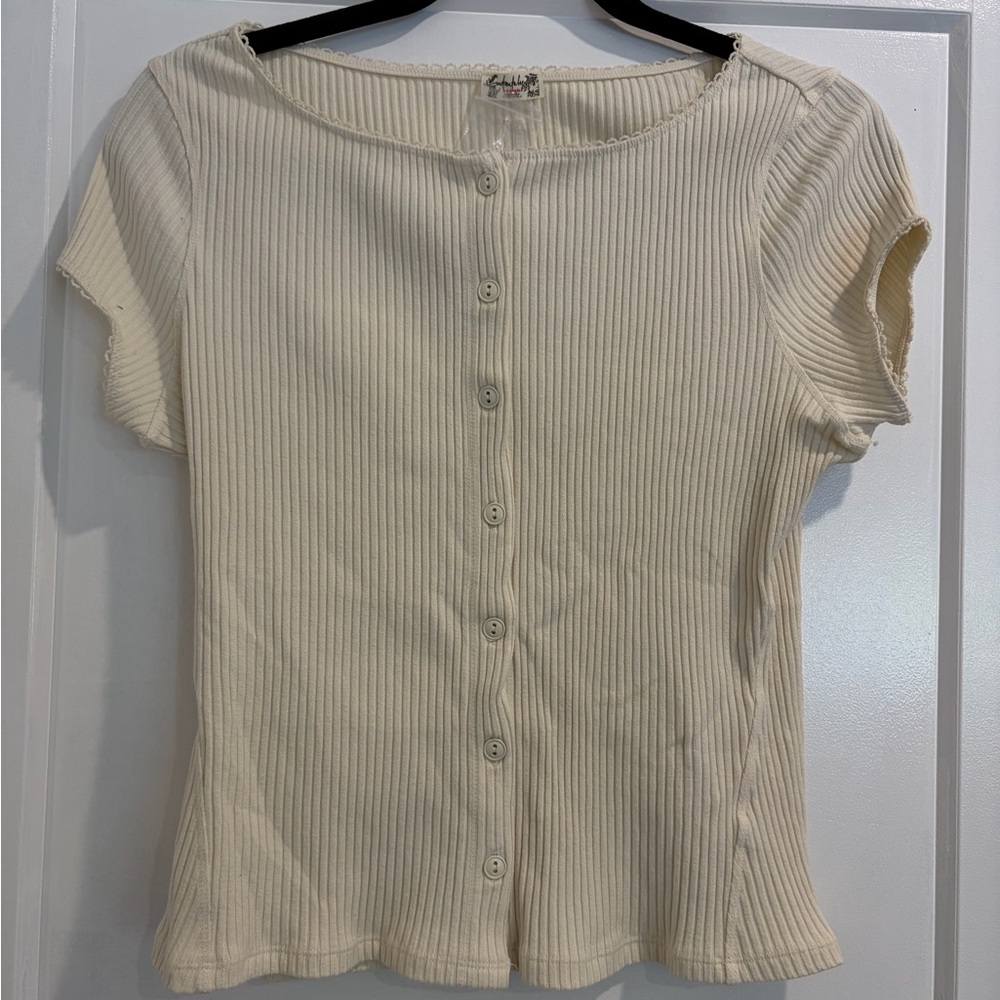 Free People Ivory Ribbed Button-Down Shirt